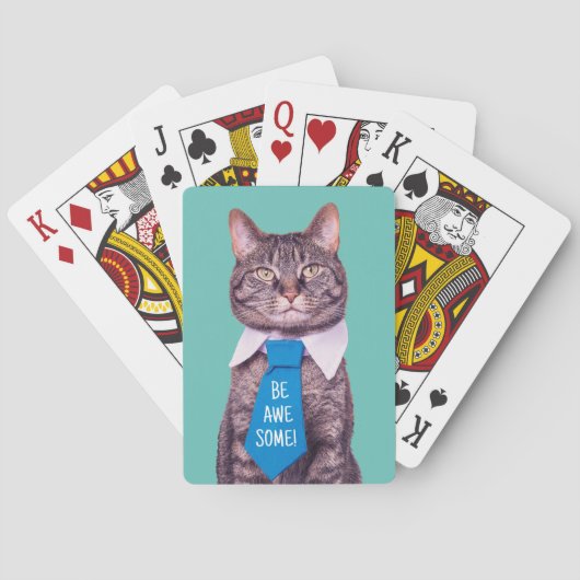 "WEES GEWELDIGE!" Cat in Blue Stropdas, Blauwgroen Pokerkaarten (Achterkant)