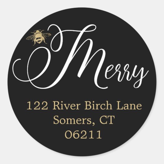 Wees Merry Holiday Address Seal, Black & Gold Ronde Sticker (Voorkant)