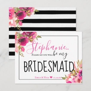 Wees mijn Bridesmaid Hot Pink Floral en Black Kaart