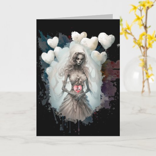 Wees mijn Valentijn griezelig Ghoul skelet Kaart (Gele Bloem)