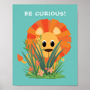 "WEES NIEUWSGIERIG!" Leeuw in gras, uw bericht of Poster