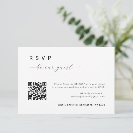 Wees ons gastenscript Eenvoudige Minimale QR-code  RSVP Kaartje (Staand voorkant)