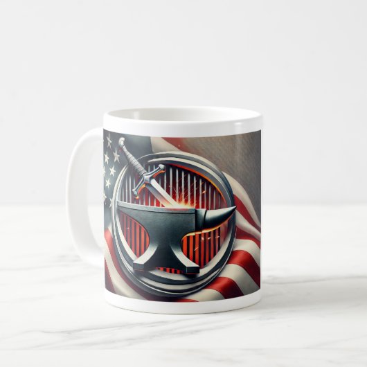 Wees sterk en moedig. Zwaard in smederij. Koffiemok (Voorkant links)