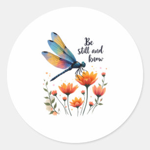 Wees stil en ken Floral Dragonfly Christelijk Summ Ronde Sticker