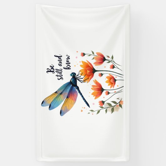 Wees stil en ken Floral Dragonfly Christelijk Summ Spandoek (Verticaal)