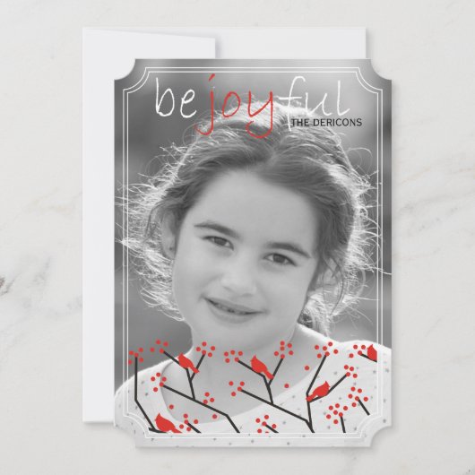 "Wees vreugdevol" kardinalen en bessen Kerstmis fo Feestdagenkaart (Voorkant)