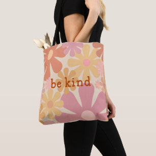 Wees vriendelijk Retro Floral Motivatie Typografie Draagtas