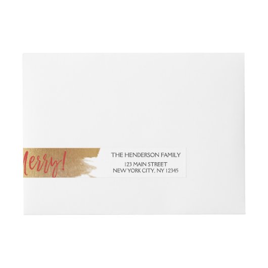 Wees vrolijk gouden folie en rood kerstscript omwikkelbaar adreslabel (Voorkant)