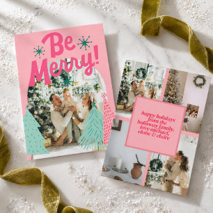Wees vrolijk roze krabbelboom gebogen fotokaart feestdagenkaart