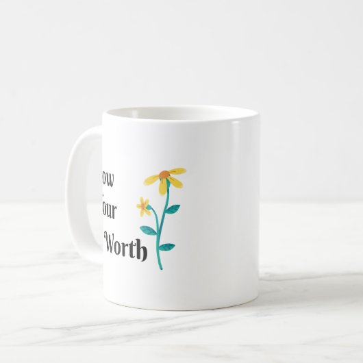 WEET UW WERD QOUTE, FLOWER DESIGN KOFFIE MOK (Voorkant links)
