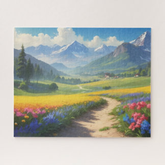 weg die naar het dorp leidt met bergen in de legpuzzel
