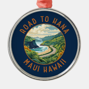 Weg naar Hana Maui Hawaii Retro Distress Circle Metalen Ornament
