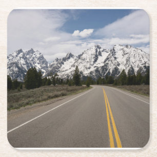 Weg naar het Teton-gebergte Vierkante Kartonnen Onderzetter