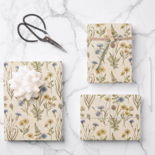 Weidecore botanische print blauwe gele bloemen inpakpapier vel