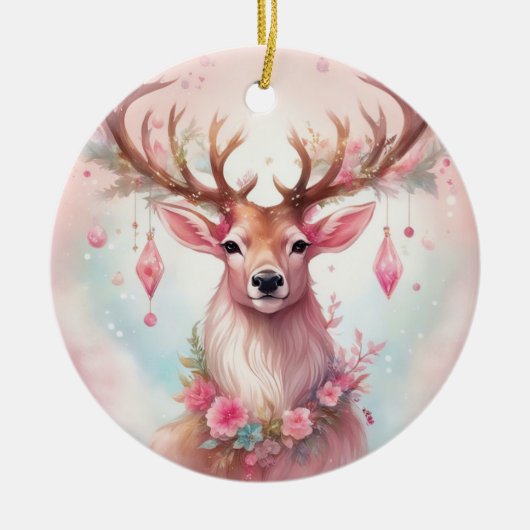 Weihnachten in pink: Rentier mit rosa Weihnachtssc Keramisch Ornament (Voorkant)