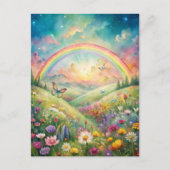Weiland met bloemen en vlinders en een regenboog briefkaart (Voorkant)