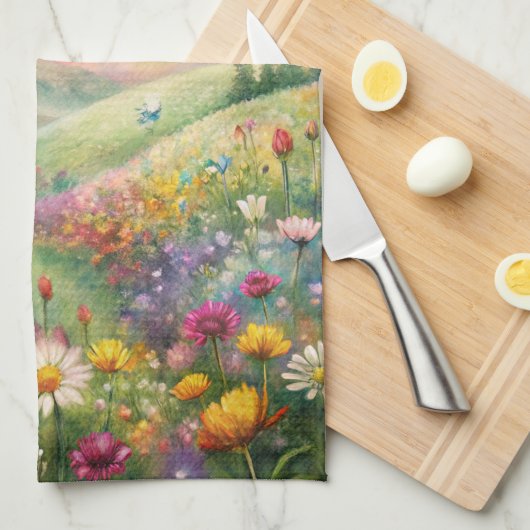 Weiland met bloemen en vlinders en een regenboog theedoek (Quarter Fold)