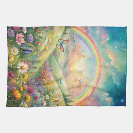 Weiland met bloemen en vlinders en een regenboog theedoek (Horizontaal)