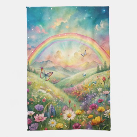 Weiland met bloemen en vlinders en een regenboog theedoek (Verticaal)