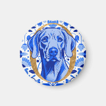 Weimaraner die door de letter "O" in Goud gluurt
