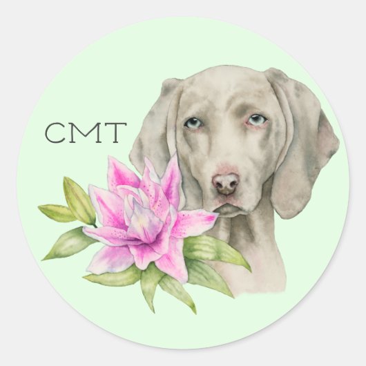 Weimaraner Dog en Lily Waterverf | Monogram Ronde Sticker (Voorkant)