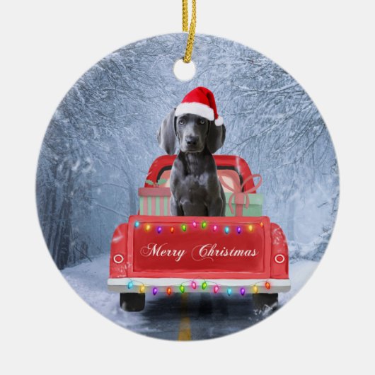 Weimaraner Dog in Snow, dat in kerstmis zit Keramisch Ornament (Voorkant)