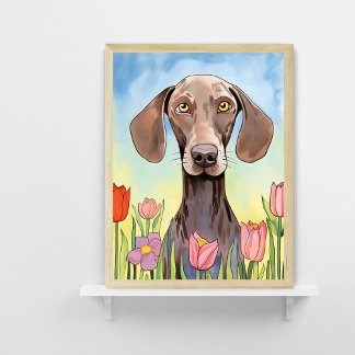 Weimaraner Dog met Tulpen Schilderen Poster