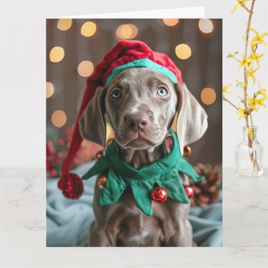 Weimaraner Elf Puppy Kerst Kaart (Gele Bloem)