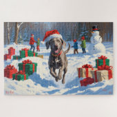 Weimaraner hardlopen in de sneeuw met kerst Pet Legpuzzel (Horizontaal)