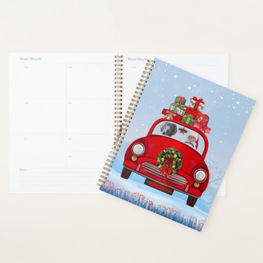 Weimaraner hond in auto met kerstman planner (Display)