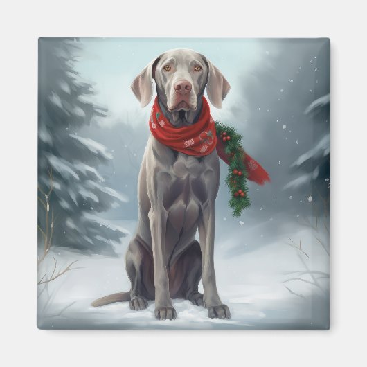 Weimaraner Hond in Sneeuw Kerstmis Magneet (Voorkant)