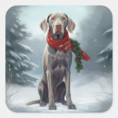 Weimaraner Hond in Sneeuw Kerstmis Vierkante Sticker (Voorkant)
