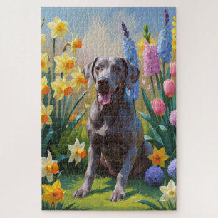 Weimaraner hond lente bloemen schilderij legpuzzel