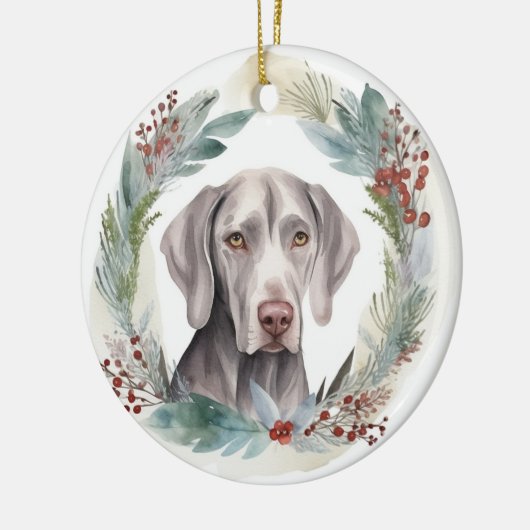 Weimaraner Kerstkrans Feestelijke Pup Keramisch Ornament (Links)