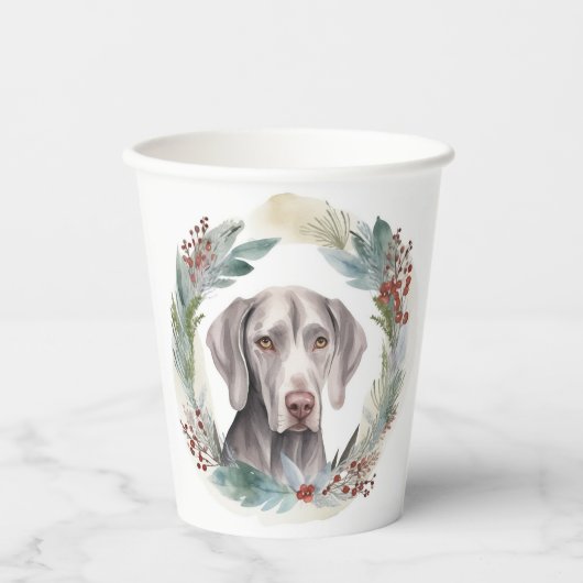 Weimaraner Kerstkrans Feestelijke Pup Papieren Bekers (Voorkant)