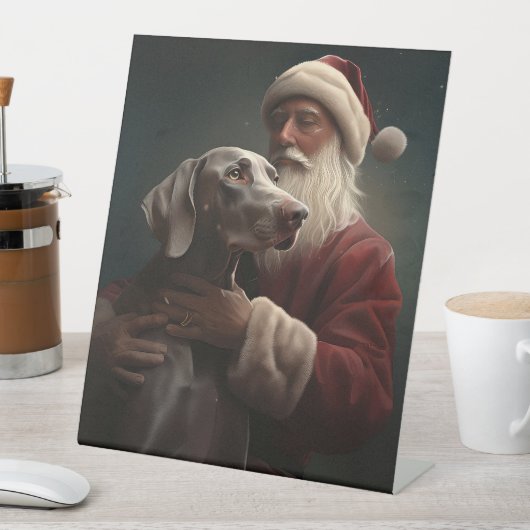 Weimaraner Met Sinterklaas Feestelijke Kerstmis Reclamebord Met Voetstuk (Insitu)