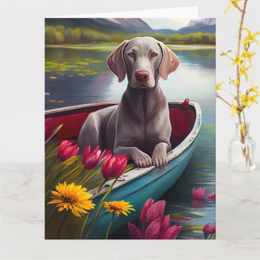 Weimaraner op een peddel: Een Schilderachtig avont Kaart (Gele Bloem)
