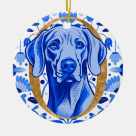 Weimaraner peering thru the letter "O" in Gold Keramisch Ornament