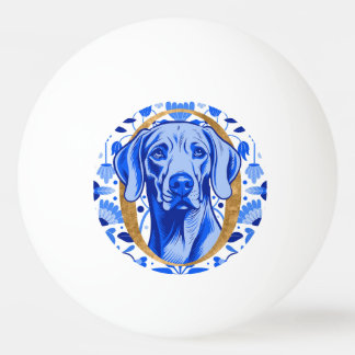 Weimaraner peering thru the letter "O" in Gold Pingpongballen