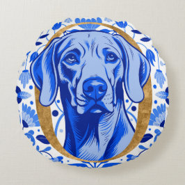 Weimaraner peering thru the letter "O" in Gold Rond Kussen