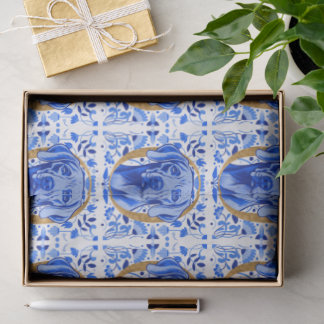 Weimaraner peering thru the letter "O" in Gold Tissuepapier