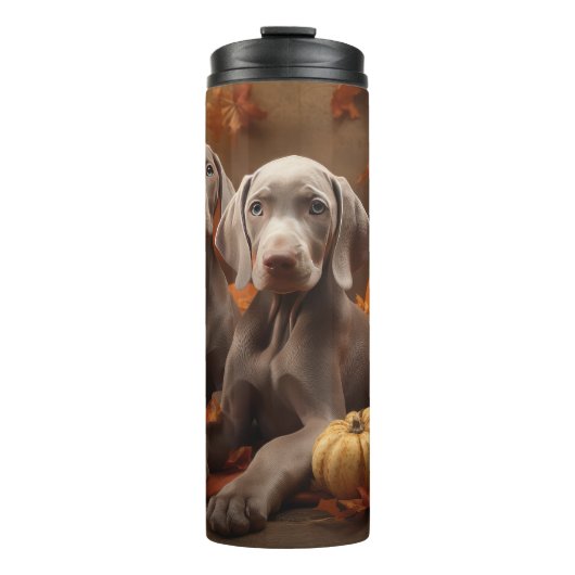 Weimaraner Puppy Herfst Delight Pompoen Thermosbeker (Voorkant)