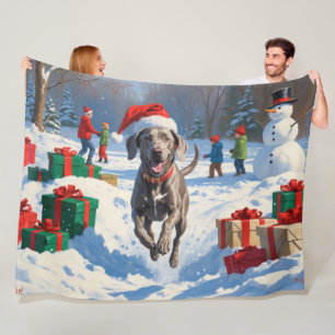 Weimaraner Rent in de Sneeuw met Kerstmuts Fleece Deken