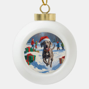 Weimaraner Rent in de Sneeuw met Kerstmuts Keramische Bal Ornament