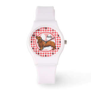 Weiner Hond; Rood en Wit Gingham Horloge