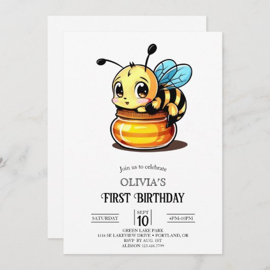 Weinig Schattige Digitale Bijen 1e Verjaardag Kaart (Voorkant / Achterkant)