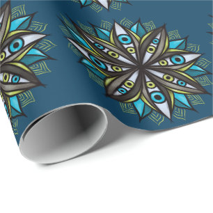 Weird Eyes Mandala Art - Trippy Flower Blauw Groen Cadeaupapier