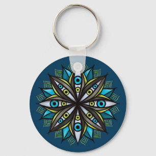 Weird Eyes Mandala Art - Trippy Flower Blauw Groen Sleutelhanger