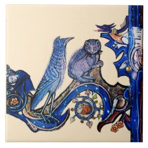 WEIRD MEDIEVAL BESTIAIR BLUE CAT EN CUCKOO BIRD TEGELTJE