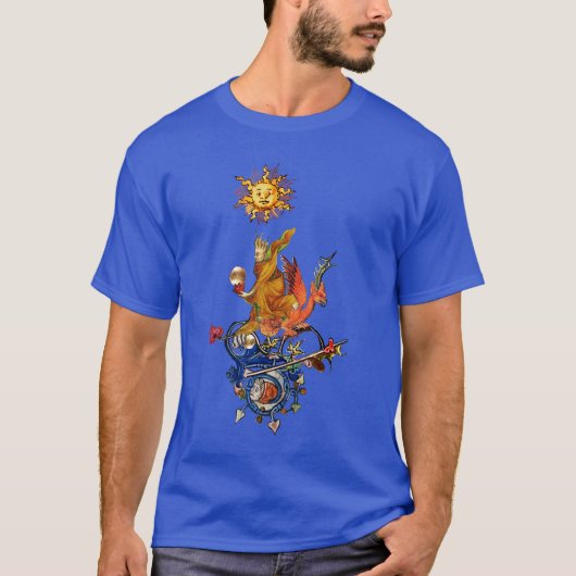 WEIRD MEDIEVAL BESTIARY,ALCHEMIST,RED DRAGON ,SUN  T-SHIRT (Voorkant)